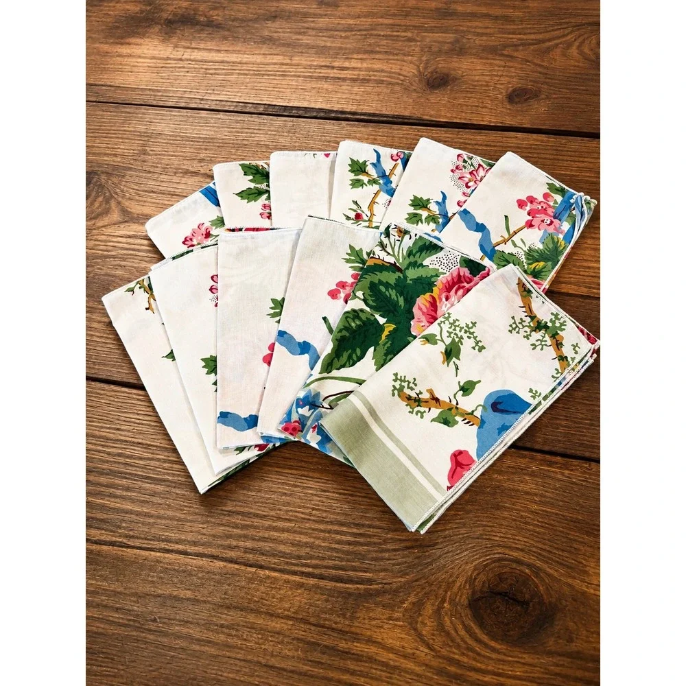 Vintage 1990s Country Floral Cloth Napkins Set of 12 Birds Flowers Cottagecore
